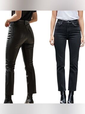 A&F Black Denim & Faux Leather Pants Ankle Straight Ultra High Rise Jeans 31/12